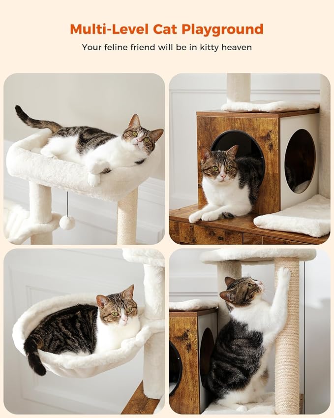 MUTTROS Cat Tree with Litter Box Enclosure, 50" Modern Cat Tree for Large/Fat Cats with Cat Condo, Wooden Cat Furniture with Large Hammock and Top Perch, Rustic Brown