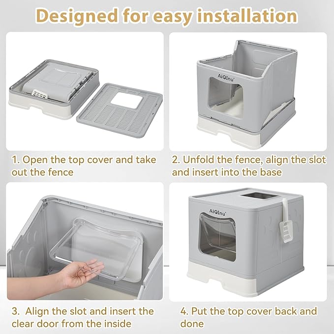 AiQInu Cat Litter Box wtih Lid and Scoop - Foldable Large Enclosed Litter Box with High Sided Enclosure, Front Entry Top Exit, Odor Control, Anti Leakage No Smell, Easy Cleaning Height 15 inches