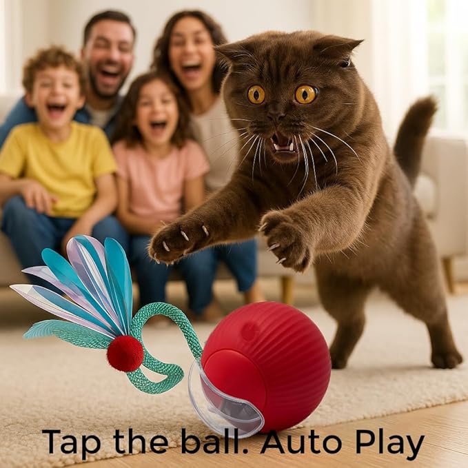 Cat Toys for Indoor Cats – Automatic Kitten Interactive Toy with Speedy Ball Tail as Pet Mental Stimulation - Kittens Small Dogs and Bored Adult Dog Balls to Keep Them Busy as Enrichment - Red