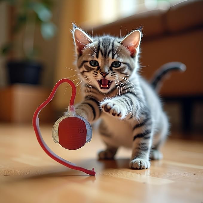 Interactive Dog Cat Toy Ball, Electric Automatic Rolling Moving USB Rechargeable Self Activated Stimulation Cat Toys for Indoor Cats and Dogs with Speedy Tail Rope(red).