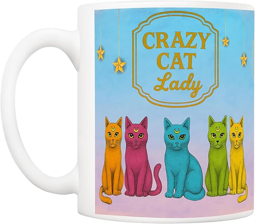 5Aup Crazy Cat Lady Mug Gifts 11oz – 5 Neon Cats & Starry Sky Ceramic Cup, Cat Mum Keepsake, Whimsical Coffee Tea Mug for Birthdays Any Day