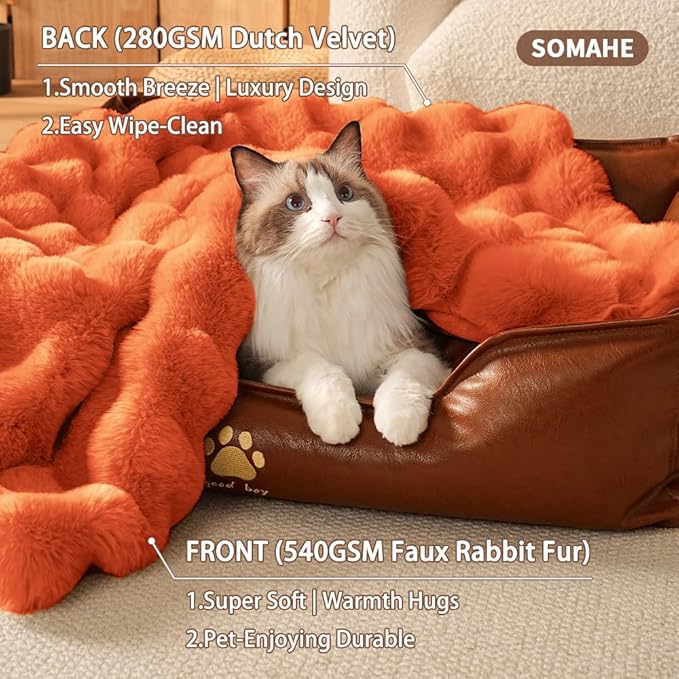 SOMAHE Self-Warming Cat Blanket for Indoor Cats & Small Dogs, Dual-Side Sherpa Plush Throw, Anti-Static Shared Couch Mat for Crate & Travel, Machine Washable No Shrink, 28x22 Inch Orange