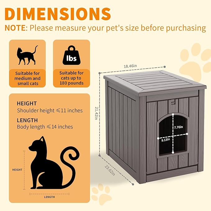 Cat Litter Box Enclosure, Plastic Hidden Litter Box Side Table with Openable Front Door, Cat Box Enclosure Cabinet for Indoor & Outdoor Use, Weatherproof, Easy to Clean & Assemble, Grey