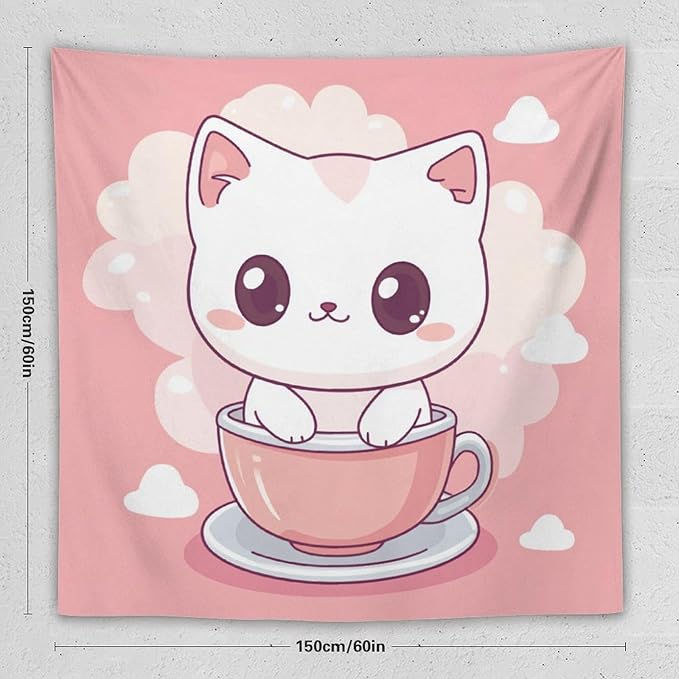 MaSiledy Tapestry Kawaii Cat Tapestries for Bedroom Pink Smile Kitten Cat Face Meow Wall Tapestries for Bedroom Colorful Wall Hanging Aesthetic Wall Art For Room Decor Landscape 60"x60"