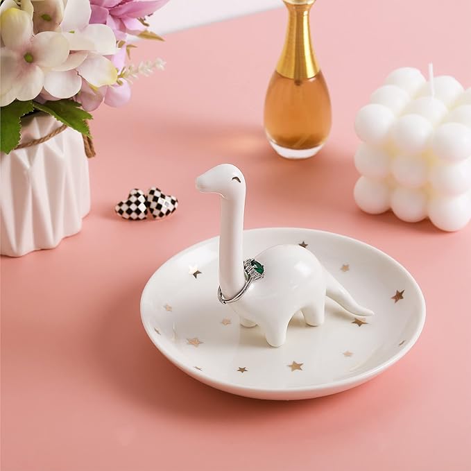 PUDDING CABIN White Dinosaur Ring Holder - Unique Jewelry Dish Tray for Rings, Earrings, Bracelets Organizer - Cute Gifts for Women, Girls, Her Birthday, Christmas, Wedding Gifts