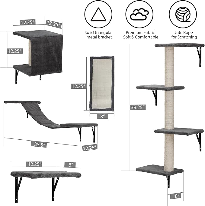 COZIWOW 5-Piece Cat Tree Set with Wall Mounted Cat Shelves, Cat Scratching Post & Cat Wall Furniture, Multi-Functional Indoor Cat Jungle Gym, Essential for Cat Room, Suitable for Large Cats (Black)
