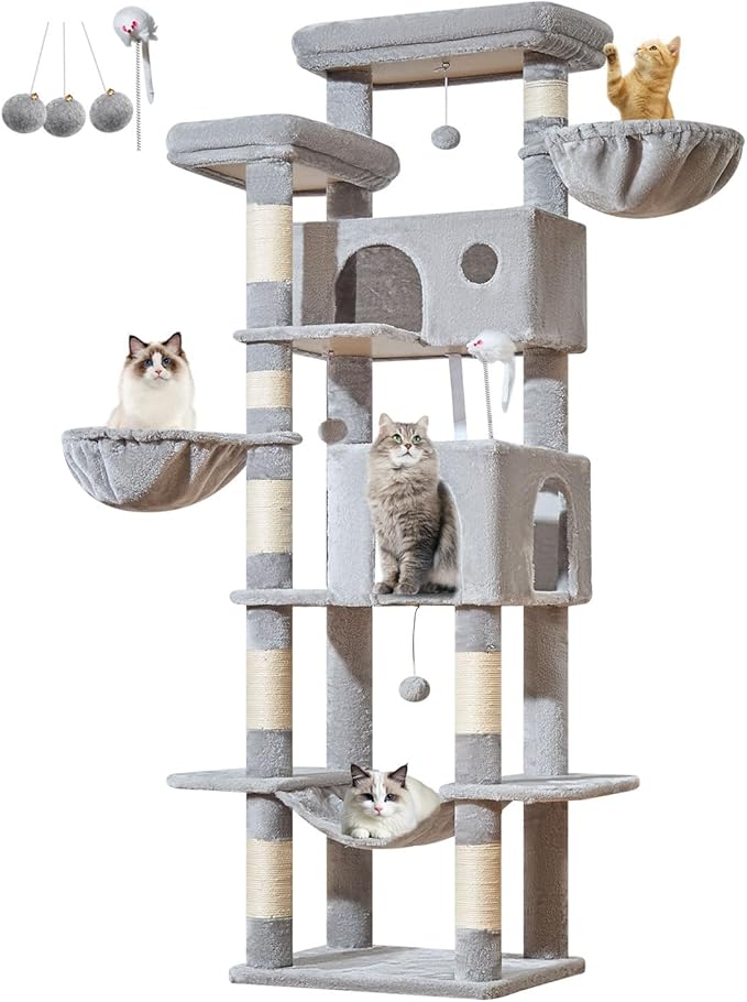 Taoqimiao Cat Tree Tower, 76-Inch Sturdy Cat Tree for Indoor Cats Large Adult Cat Tower with Scratching Posts，2 Condos, 2 Perches, 2 Large Hanging Baskets, Soft Hammock, MS046W Light Gray