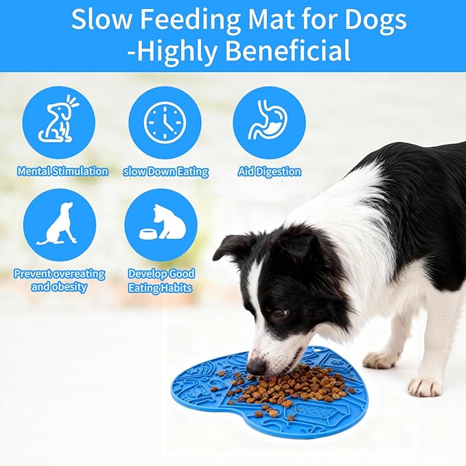 Silicone Slow Feeder Dog & Cat Bowl with Suction Cups – Non-Slip Fun Pattern for Dogs and Cats, Interactive Pet Enrichment Bowl, Treat Eating Feeder, Heart-Shaped Mat Compatible (Blue)