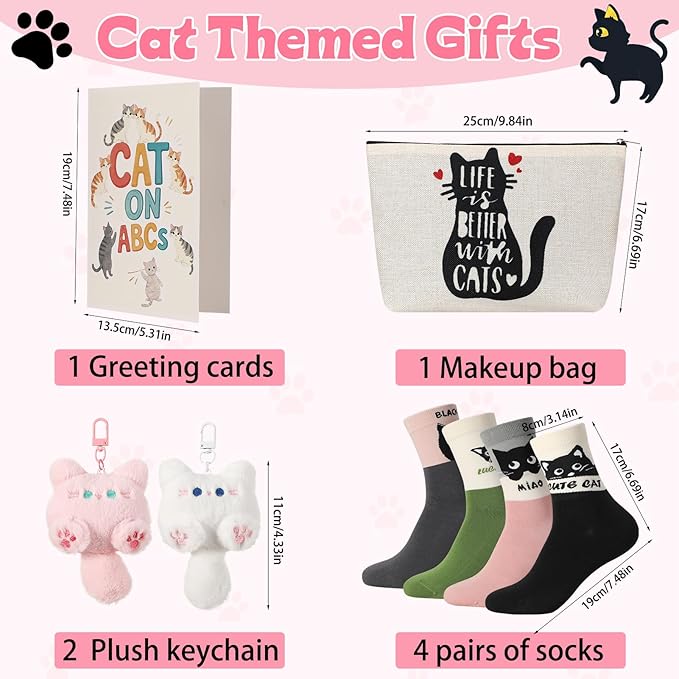 Cat Lover Gifts for Women Cute Cotton Cat Socks with Makeup bag Keychains Greeting cards for Birthday Mother's Day