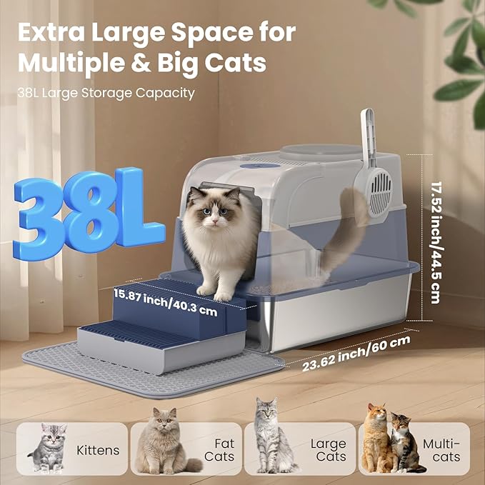 Stainless Steel Litter Box with Lid, Top Entry Extra Large Litter Box Enclosure for Kitty & Big Cats, Non-Stick Metal Cat Pan with Dual Storage Footboard, Trapping Mat & Scoop Included