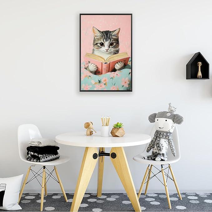 Vintage Cat In Bed Canvas Wall Art Funny Cute Cats Reading Books Poster Retro Pink Girls Room Pet Animal Aesthetic Prints Painting For Home Bedroom Kids Room Dorm Wall Decor 12x16in Framed