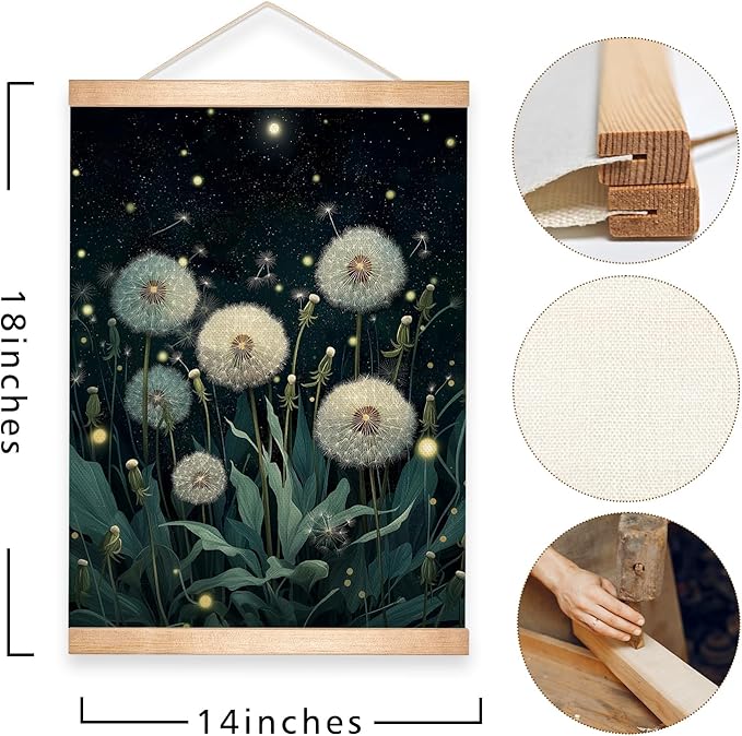 HEYJEEPER Dreamy Dandelion Wall Art, Night Botanical Firefly Linen Poster, Whimsical Nature Aesthetic Artwork Wall Hanging Decor for Living Room or Meditation Space,Calm Home Decor Gift 14x18inch (Dandelion)