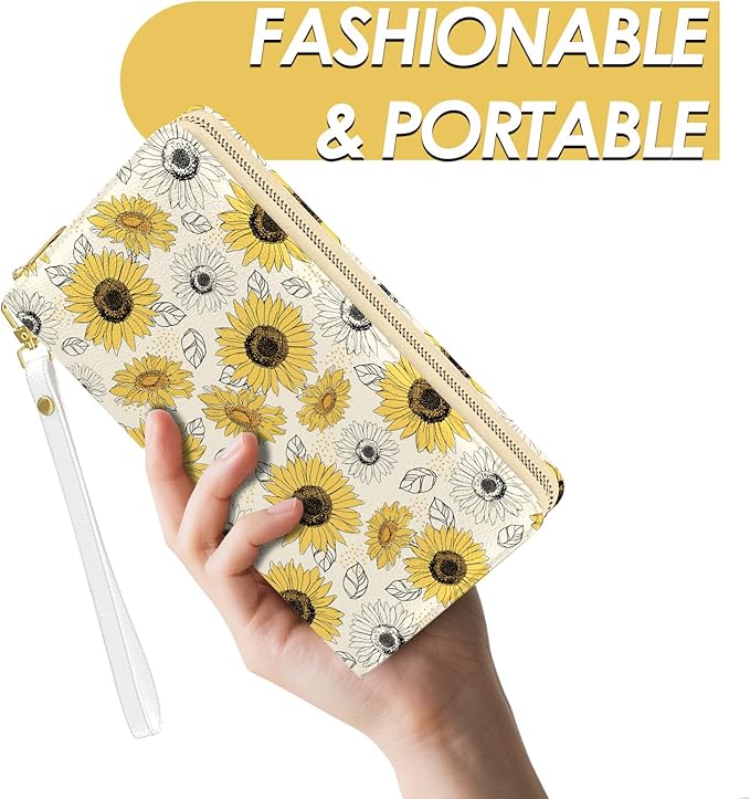 Womens Wallet, Sunflower Wristlet Wallet For Women, Vintage Floral Card Holder Purse, Birthday Christmas Graduation Gifts For Women, Vintage Sunflower Aesthetic Office Daily Purse
