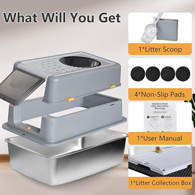 Ultimate Stainless Steel Litter Box with Lid - XL Enclosed Anti-Leak Design for Big Cats, Non-Stick Easy Clean Metal Litter Box System with Scoop Set, High-Sided Urine Protection, Sleek Grey