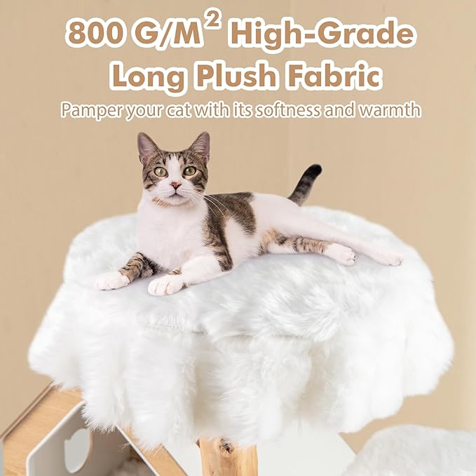 Tangkula Solid Wood Cat Tree, Modern Wooden Cat Tower with Jute Scratching Posts, 2 Perches, Condo, Sisal Rope, Soft Long Plush, 60 Inch Tall Cat Tree Tower for Indoor Cats Large Adult