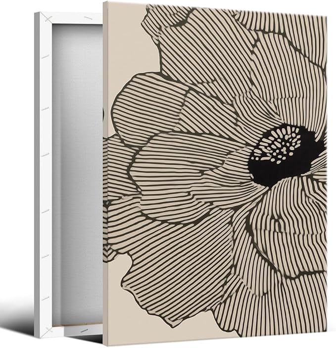 Abstract Black and Beige Flowers Canvas Wall Art, Neutral Floral Lines Poster, Modern Minimalist Floral Wall Decor, Boho Botanical Sketch Art Print for Living Room Bedroom 24x36in Wrapped Canvas
