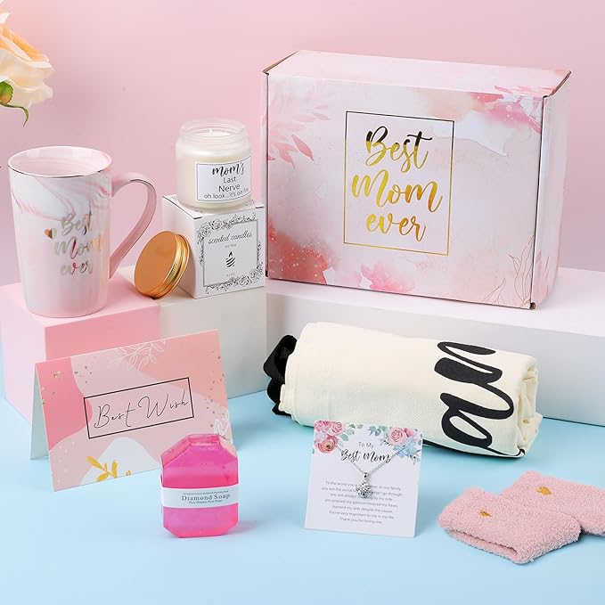 DHQH Best New Mom Gifts for Mom from Daughter Son,Gift Basket for Women Birthday Gifts for Mother-in-law Thanksgiving Presents with Candle box Tote Bag