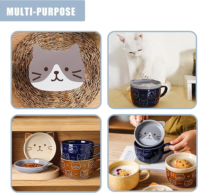 Cute Ceramic Cat Mug with Lid Anime Cat Coaster 10 oz Kawaii Coffee Mugs for Desk Lovers Gift, Blue