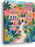 Pink Town Landscape Wall Art, Path with Palms Framed Canvas Print Modern Home Decor, Colorful Trendy Artwork Botanical Painting for Living Room Entryway Bedroom Office Decoration 15x11.4 inch