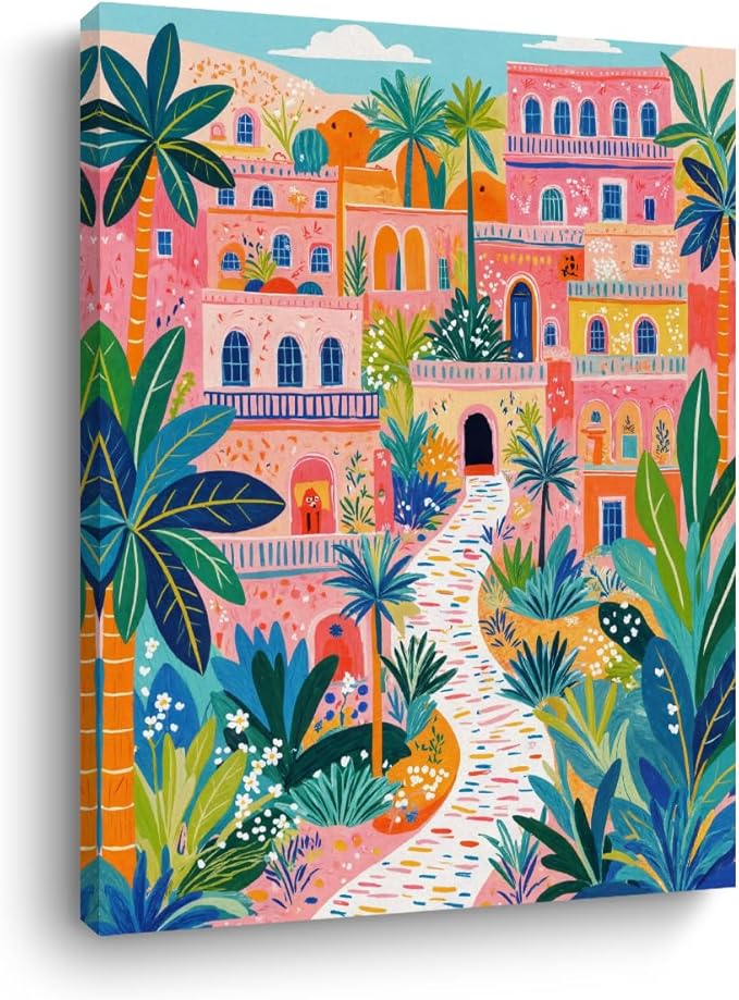 Pink Town Landscape Wall Art, Path with Palms Framed Canvas Print Modern Home Decor, Colorful Trendy Artwork Botanical Painting for Living Room Entryway Bedroom Office Decoration 15x11.4 inch