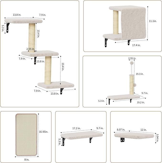 Cat Wall Shelves for Large Cats, Stable & Safe Kitty Walls Furniture Set for 40LBS Cats with Wooden Cat Climber,House, Bridge, Tree, Steps, and Scratcher for 16 Inch Drywall (Beige, 6-in-1)