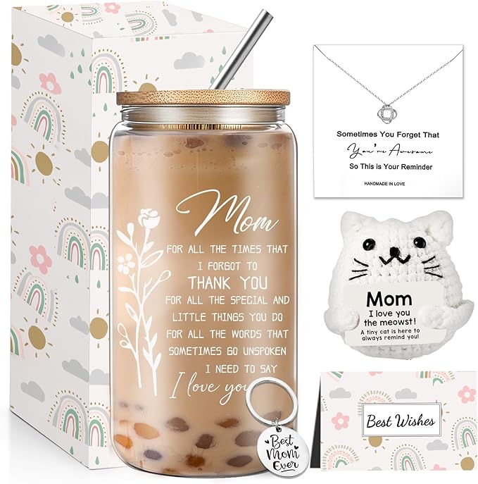 Best Mom Birthday Gifts for Moms Mama New Mom Mother from Daughter, Mothers Day Gifts Set with 16 oz Glass Cup Keychain