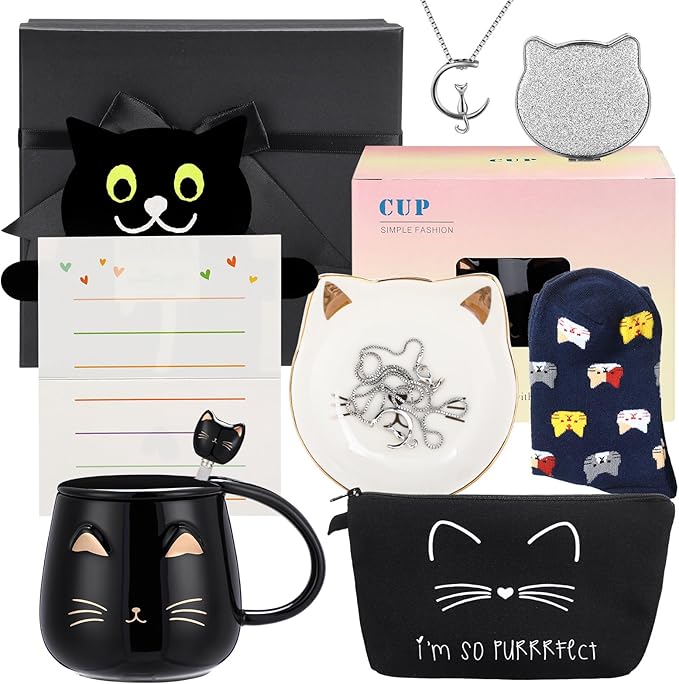 Havawish Cat Lover Gifts for Women Best Cat Mom Gift Basket Set Black Gift Box for Cat Lovers Birthday Mother's Day Cat Themed Gifts for Girl Lady Friend Daughter Sister Wife