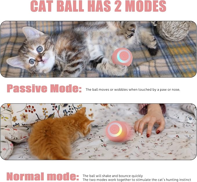 Interactive Cat Toys Ball, Automatic 360° Self-Rotating Rolling Ball with USB Rechargeable pet Exercise Chase Toy Balls for Kitten & Dog Playing -Pink