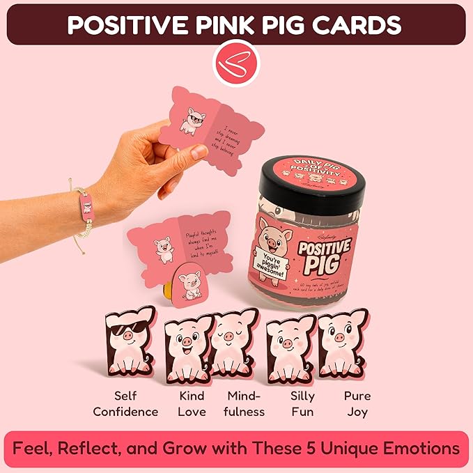 Stofinity Positive Pig Jar With 60 Affirmation Cards - Cute Pig Gifts For Women - Funny Christmas Birthday Gifts For Women Sister Friend Coworkers Adult - Motivational Desk Accessories