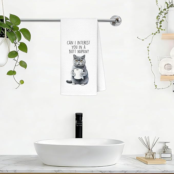 Funny British Shorthair Cat Bathroom Hand Towels, Cat Lovers Mom Dad Lady Gifts, Can I Interest You in a But Napkin British Blue Kitten Decorative Hand Towels for Washroom Restroom, 16x25 Inch
