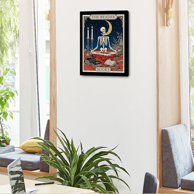 The Homebody Tarot Card Wall Art, Funny Skeleton Meditating Posters, Book Lovers Gifts, Vintage Canvas Framed Prints Room Aesthetic, Whimsical Decor for Living Room Entryway Bedroom Book Shelf