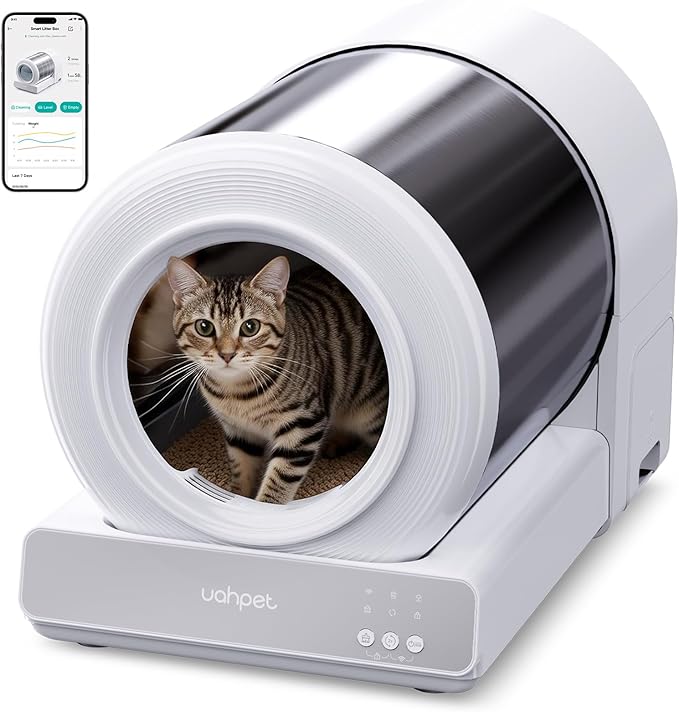 uahpet Stainless Steel Automatic Litter Box, Self Cleaning Cat Litter Box with APP Control, Multi-Cat Recognition, Lower Entry, Multi-Safety Sensors, Easy to Install and Clean