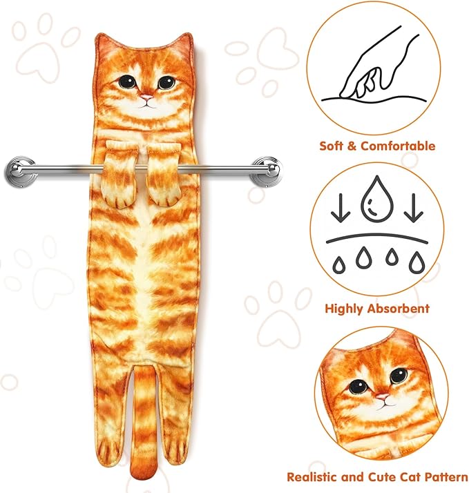 PAT JUUMG Funny Cat Hand Towels for Bathroom Kitchen Decor Towel,Cute Decorative Hanging Face Towels,Super Absorbent Soft, Housewarming Gift,Cat Lovers Gifts for Women (Orange)
