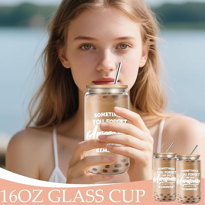 Thank You Gifts for Women, Sometimes You Forget You're Awesome Drink Cup, Inspirational Birthday Gifts for Boss Employee Coworker, 16oz Glass Cup with Necklace