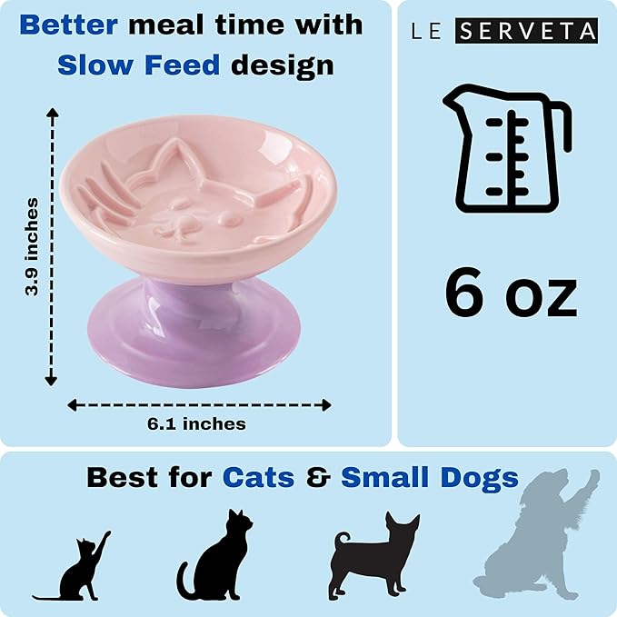 Elevated Twisting Design Cat Food Slow Feeder, Ceramic Raised Cat Dishes with Decorative Twisting Design Stand, Macaron Colors, Slow Feed Design (Pink Purple)