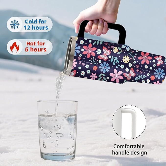 Gifts for Women - Floral Tumbler 40oz with Handle and Straws, Leak-proof, Stainless Steel Insulated Travel Coffee Mugs for Flower Themed Cups, Female Birthday Christmas Gifts
