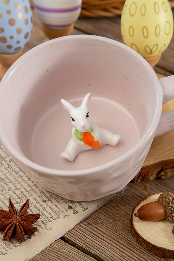 DIHOclub Farmhouse Ceramic Coffee Mug with Rabbit Figurine – Rustic Stoneware Cup, Matte Finish, Ideal for Breakfast & Home Decor (Pink Rabbit)