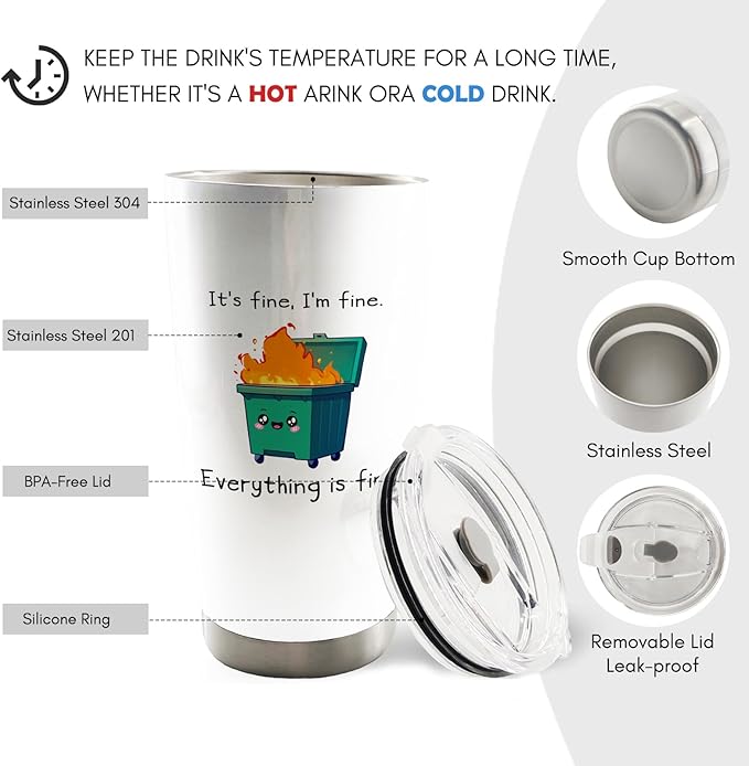 I'm Fine Everything's Fine Funny 20oz Travel Coffee Mug Tumbler, Dumpster Fire Inspirational Sarcastic Gifts, Dumpster Fire Water Stainless Steel Tumbler with Lid and Straw Drinkware