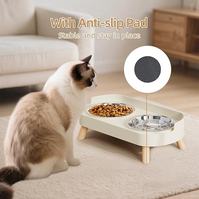 Elevated Cat Bowl, Raised Cat Food and Water Bowl Set for Indoor Cats, Splash Proof with 2 Stainless Steel Pet Food Bowls for Cats and Puppies, Whisker Fatigue and Dishwasher Safe - White