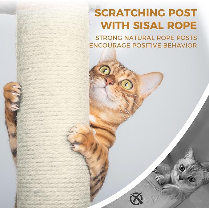 68" Grey Cute Cat Tree for Indoor Cats Large Adult, Tall Cat Tower with Scratching Post & Condo, Hammock, Aesthetic Cats Stand, Modern, Easy Assembly (Light Grey, 68" Tall)