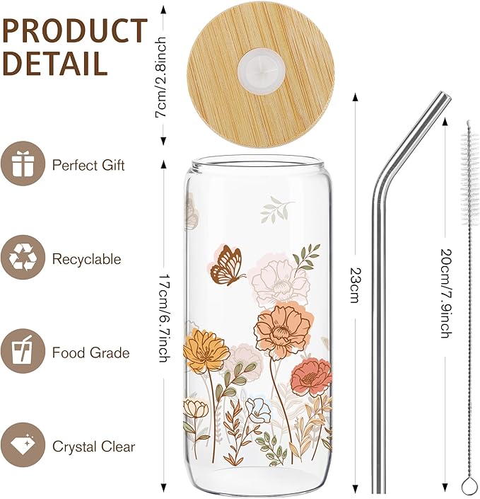 Joeyan Glass Cups with Lids and Straws - 20oz Iced Coffee Cup, Boho Floral Butterfly Glass Tumbler, Aesthetic Drinking Glasses for Smoothie Boba Tea, Birthday Mothers Day Gifts for Women, Mom, Friend