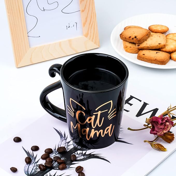 Hendson Cat Mom Gifts for Women - Mama Birthday Gift - Crazy Cat Lover Lady Coffee Mug Gift for Mom, Daughter, Sister, Aunt, Wife, Best Friends, BFF, Coworkers, Her - 2-sided Black & Gold Cup, 12oz
