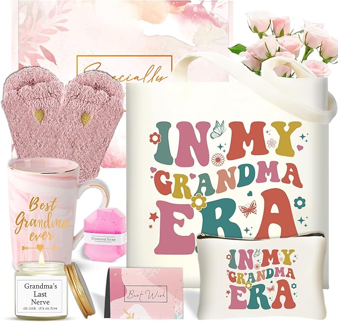 Grandma Birthday Gifts, Mothers Day Gifts for Grandma from Granddaughter Grandson, Uniuqe Christmas Easter Basket with Tote Bag Makeup Bag