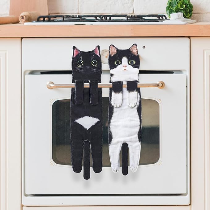 Funny Hand Towels for Bathroom Kitchen Decor - Cute Cat Hanging Hand Towel Kitchen Gadgets - Unique Housewarming Birthday Christmas Cat Lover Gift Ideas for Women Mom Lady Adults