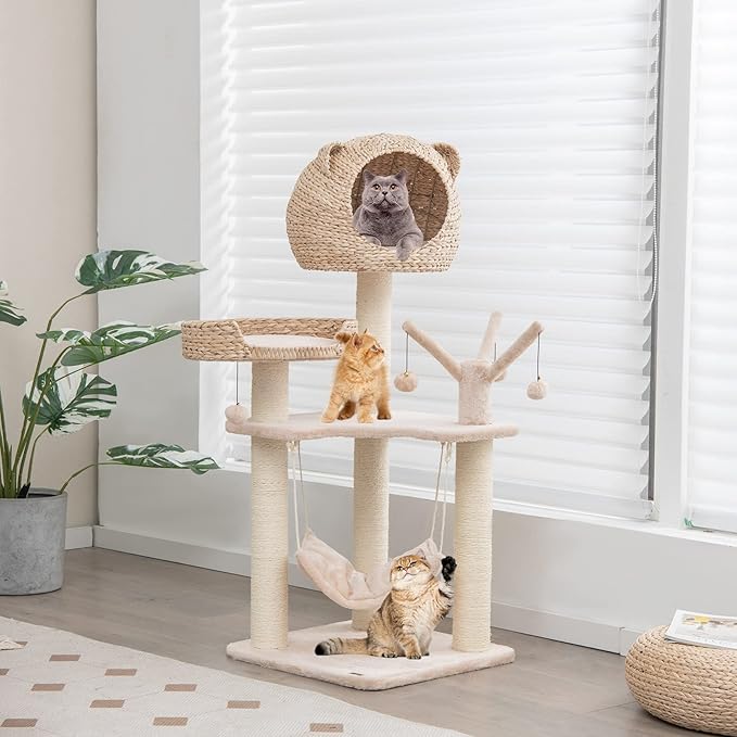 Tangkula Modern Cat Tree Tower, Multi-Level Tall Activity Center with Natural Sisal Scratching Posts, Hammock, Hand-Made Cattail Cute Condo with Funny Toy Balls