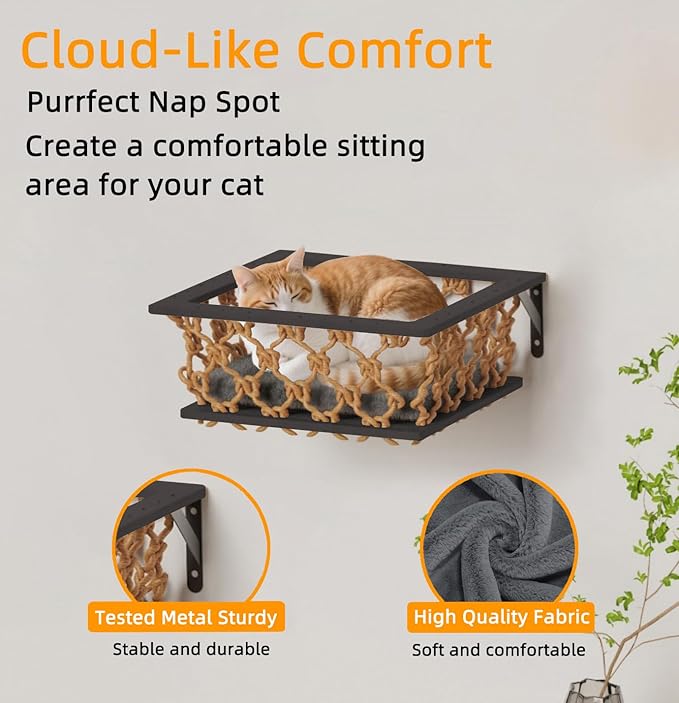 Cat Wall Shelves 5-Piece Set with Hammock, Wall-Mounted Cat Furniture Includes Cat Bridge, Condo, Ladder, Steps for Indoor Cats, Large Cats(Dark Gray)