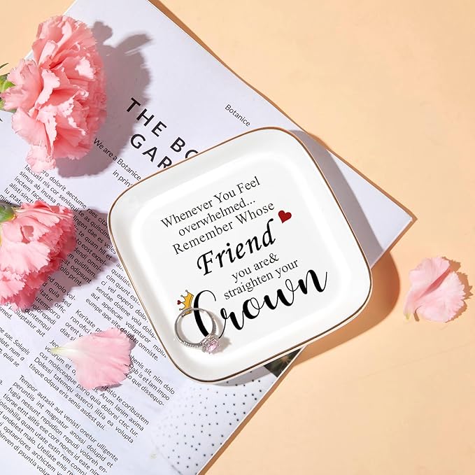 Friendship Gifts for Women Friends - "Straighten Your Crown" Ceramic Jewelry Dish, Best Friend Birthday Gifts for Women, Inspirational Bestie Gift Trinket Tray, Soul Sister Gift for Mothers Day