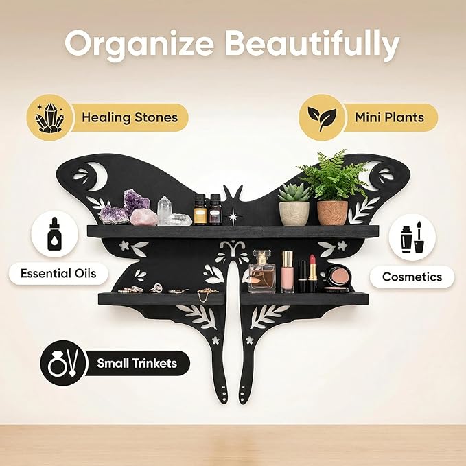 Crystal Display Shelf Wall Moon Shelves Luna Moth Hamsa Hand Holder Floating Wall Mounted Decorative Crystal Shelf (Moth-15 * 10.8inch/38.5 * 27.5cm)