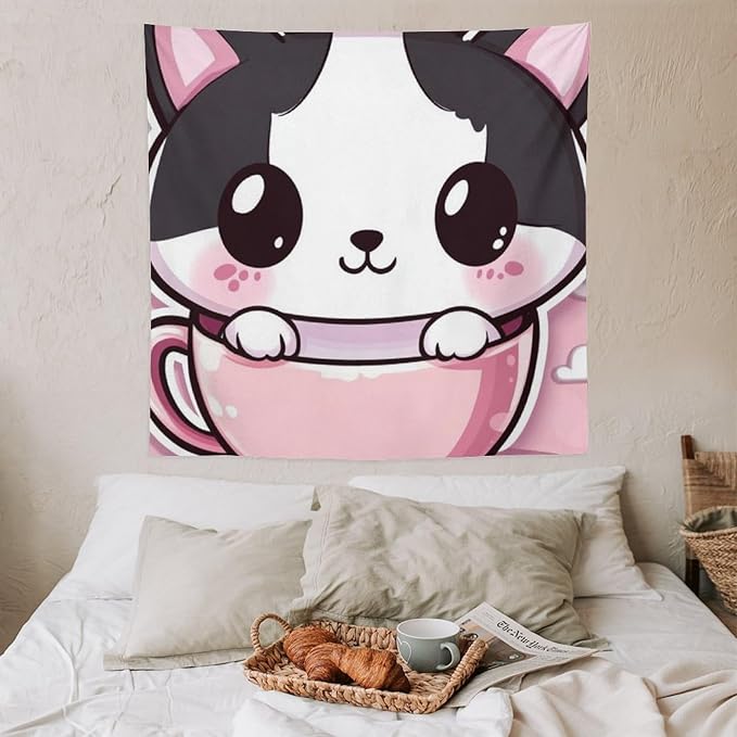 MaSiledy Tapestries Kawaii Cat Tapestry Animal Adorable Cat Wall Hanging Wall Tapestry Aesthetic Wall Art Home Decoration for Bedroom Living Room Dorm 60"x60" Tapestries for Bedroom Living Room Dorm