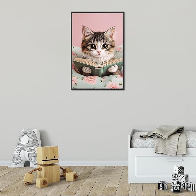Trendy Cat Reading In Bed Canvas Wall Art Funny Pink Flower Animal Poster Funky Cat Lovers Monet Minimalist Prints Painting For Home Bedroom Kids Room Dorm Wall Decor 16x24in Framed